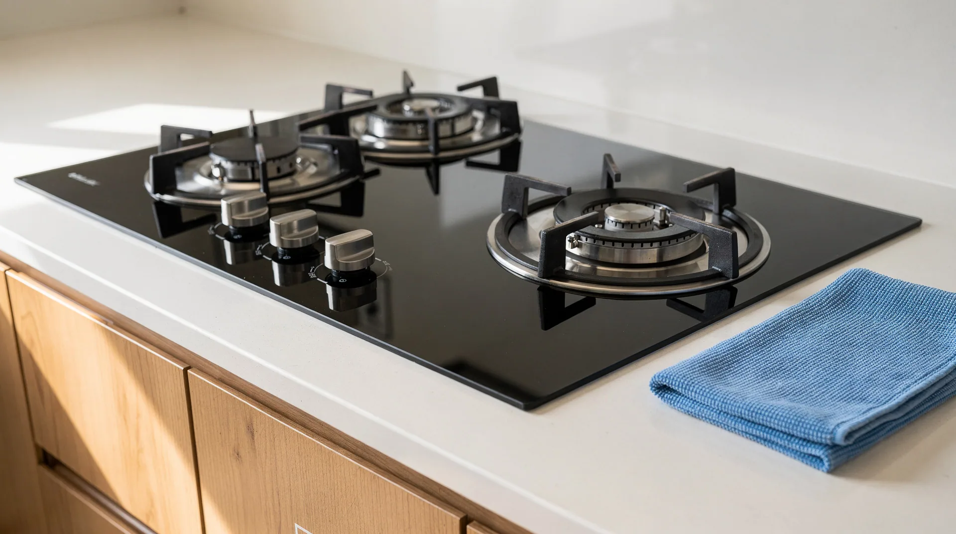 Freshly cleaned black glass hob and folded blue microfiber cloth on a white kitchen counter