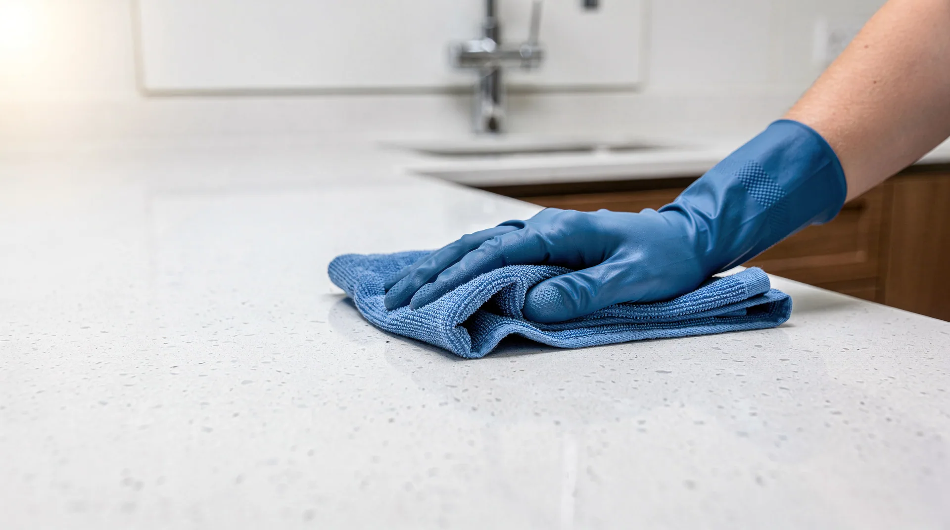 Blue-gloved hand wiping a white kitchen worktop with a microfiber cloth